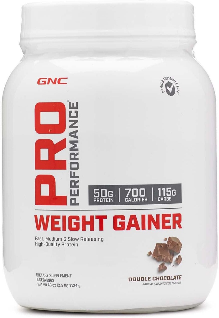 GNC Pro Performance Weight Gainer Valgupulber, 50 g valku, kõrge kalorsusega, 700 kalorit, toetab massi ja lihaste taastumist, MCT, BCAA, 3. osapoole testitud, topeltšokolaad, 6 serveerimist, 2,5 naela