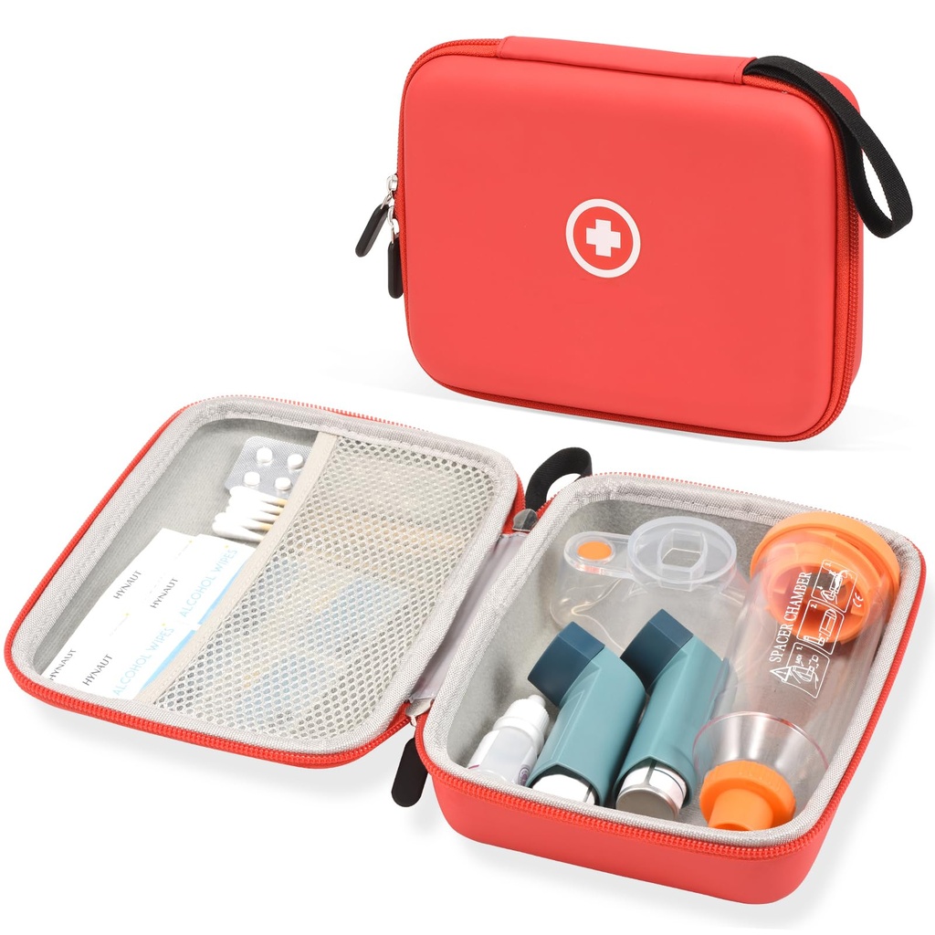 Fukumi Hard Travel Case for Asthma Inhaler, Inhaler Spacer Case for Kids and Adults, Masks, Asthma Accessories Case with Mesh Pocket for Medicine and Other Accessories, Red (Case Only)