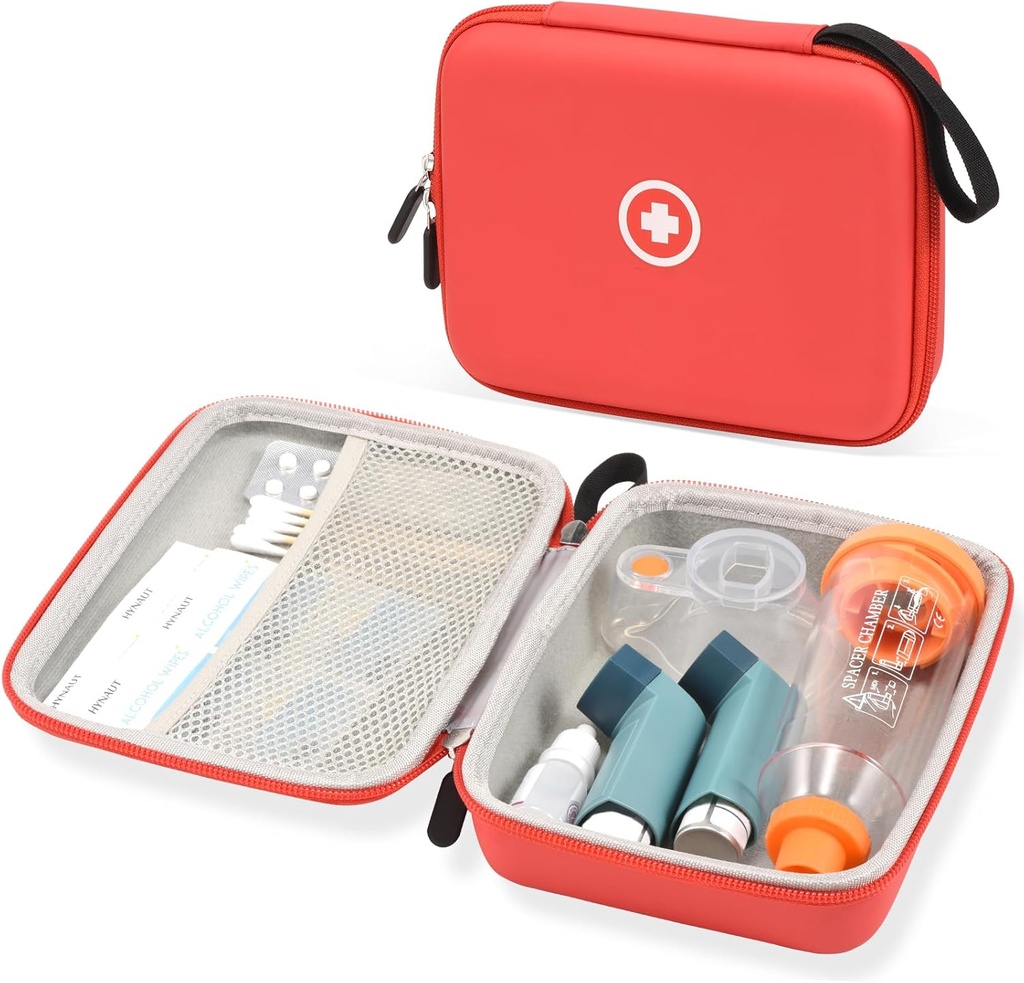 Fukumi Hard Travel Case for Asthma Inhaler, Inhaler Spacer Case para nenos e adultos, máscaras, accesorios de asma con peto de malla para medicamentos e outros accesorios, vermello (só para calma)