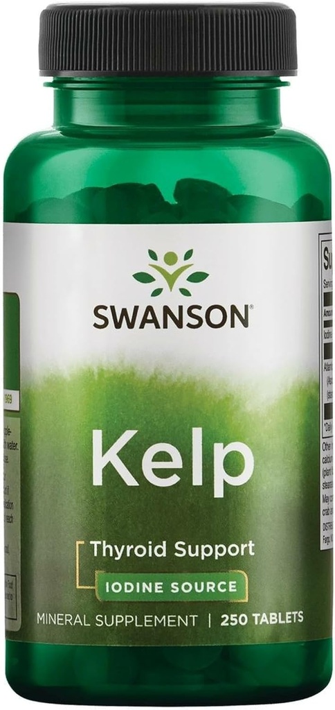Swanson Premium Brand Kelp - Natural Iodine Source Supporting Thyroid Health - Mineral supplement w/Iodine Source Standardized 0.4% - (250 Tablets, 225mcg each)