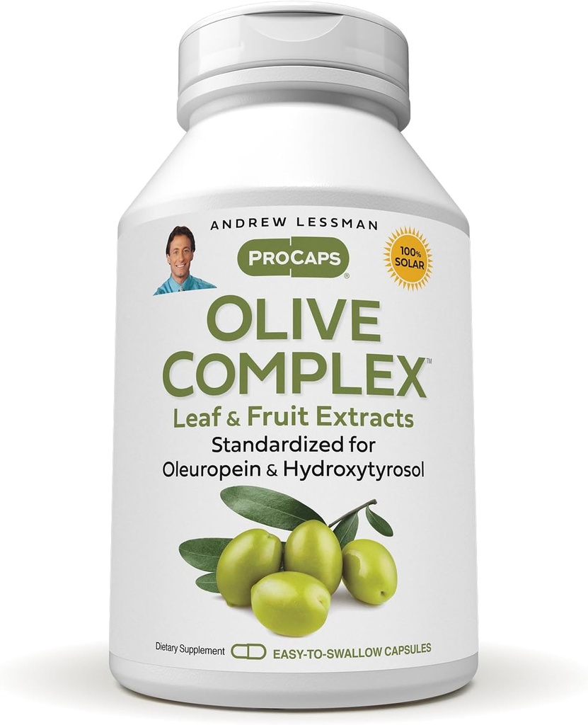 ANDREW LESSMAN Olive Complex - 240 Capsules - Leaf and Fruit Extracts. Estándarizado para Oleuropeina e Hidroxityrosol para apoyar la salud cardiovascular e inmunológica. Cápsulas pequeñas fáciles de absorber