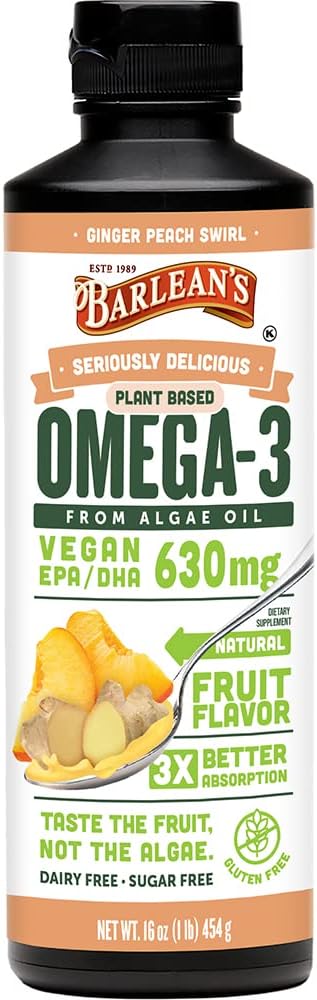 Barlean's Ginger Peach Vegan Omega 3 täiendus, vedel vetikaõli 630 mg EPA & DHA-ga, taimsed oomegad algõlist, mitte-GMO ja gluteenivaba, 16 oz