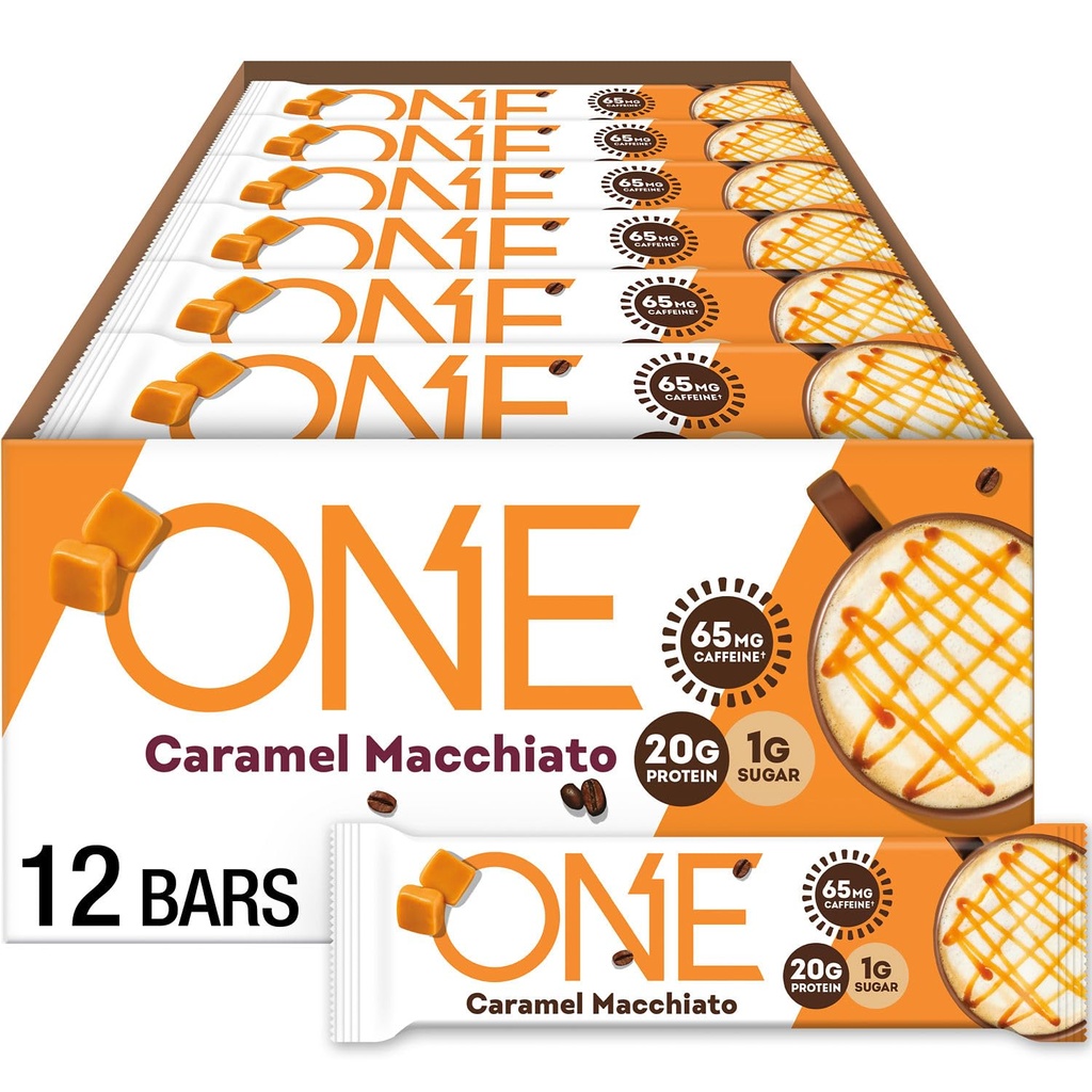 ONE Coffee Shop Caffeinated Protein Bars, Caramel Macchiato, Gluten Free med 20g Protein och 65mg koffein energi, Pantry Staples, 2,12 oz (12 greve), Förpackning maj Vary