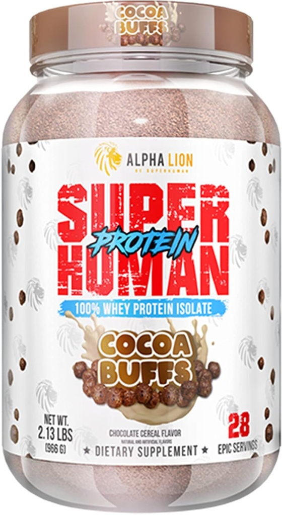 ALPHA LION Superhuman Whey Protein Powder, Great Tasting Pure Whey Protein Isolate, Low Carb, Sugar, No Bloat Post Workout, Muscle Recovery & Growth (28 zerbitzatu, Cocoa Buffs)
