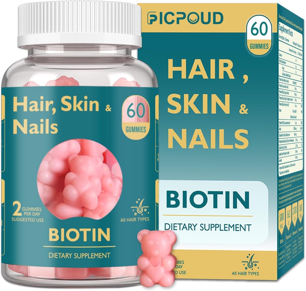 Коса на кожата и ноктите Biotin Gummies, поддържа здрава коса, кожа и нокти, Вегетариански витамини за жени и мъже, подкрепя растежа на косата и по-силни нокти, здрава кожа, 30 дни доставка