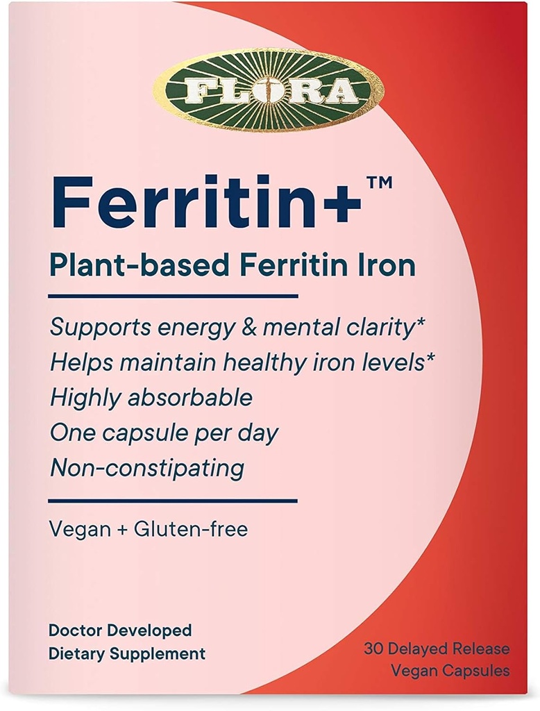 Flora Ferritin + Delayed- Release Iron Supplement - Plant- Based Iron Supplement - Blood Cell & Energy Support - Vegan & Gluten- Free - Buborékcsomagolás - 30 Vegan Capsules