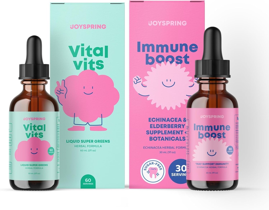 JoySpring Vital Set - Kids Vitamiinid & Mineraalid Looduslikult hangitud | Mittealkohoolne, suhkruvaba vedelik valem | Immunity Health Support | Vegan & Taimetoitlased Multivitamiinilisa