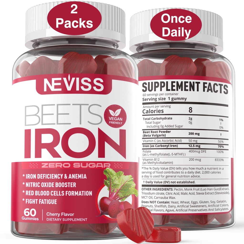Beet Root Gummies with Iron, Methyl B12, Folate, Vitamin C - Increase Nitric Oxide & Iron Levels, Energy Support, Fight Fatigue, Beetroot & Gentle Iron Supplement, Sugar Free, 120 Count