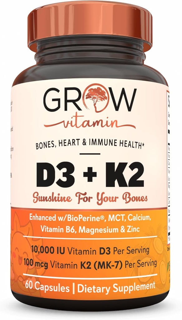 زراعة فيتامين D3 K2 w/MCT Oil - 10,000 IU D3, 100 mcg K2 MK7, Calcium, Zinc, BioPerine, Magnesium for Superior Absorption - 60 Capsules