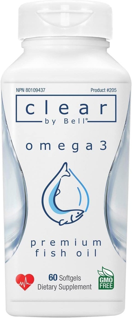 Bell Clear ren Omega 3 Fish Oil Supplements, 2000 mg per servering - Burp gratis premium, ren og klar, Ingen fiskende smak og ingen gjentalser (burps), kolesterol gratis, GMO og Allergen gratis, 60 Softgels