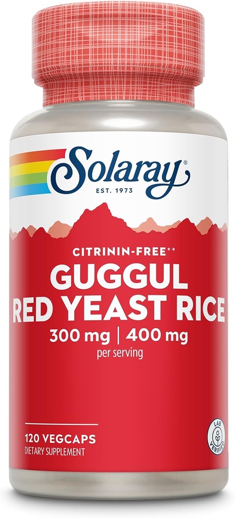 SOLARAY Guggul Gum Extract & Red Yest Rice - Здравословна поддръжка на сърдечно-съдовата функция - Lab Verified - 60 Servings, 120 VegCaps