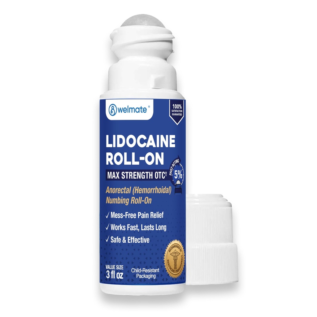 WELMATE - 5% Lidocaine Roll-On (3 oz Value Size) - No Mess Targeted Relief - Topical Anesthetic - Hemorrhoid Relief - Aloe Vera - Fast Acting & Long Lasting - Over-the-Counter Medication - First Aid