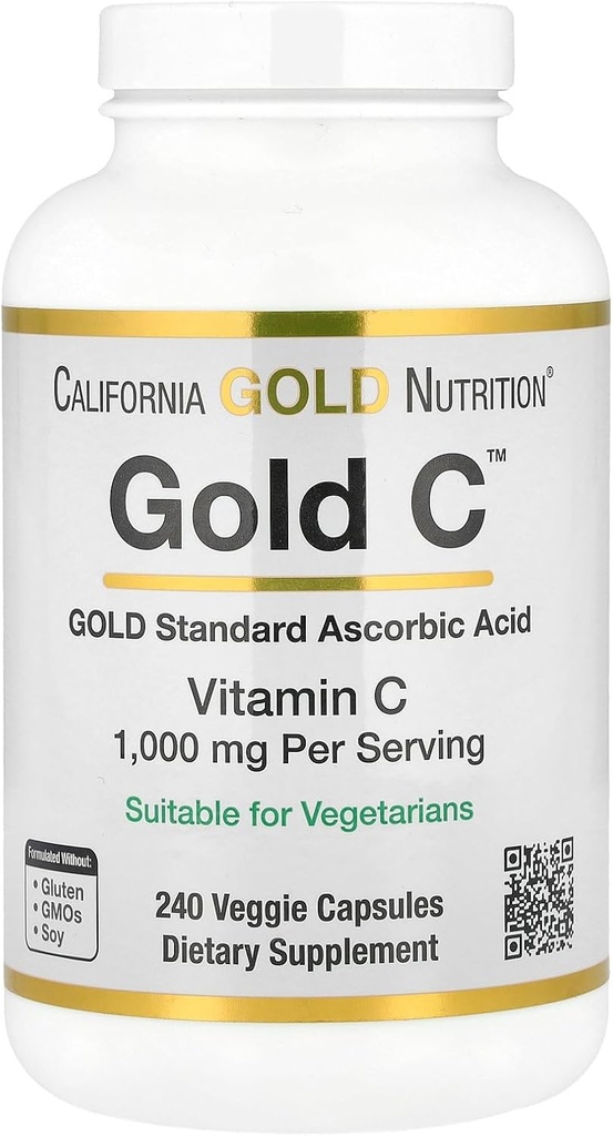 California Gold Nutrition C USP Título Vitamina C Suplemento - Apoio inmune e benestar estacional - Vegetarian Friendly - Gluten Free, Non-GMO - 1000 mg - 240 cápsulas Veggie