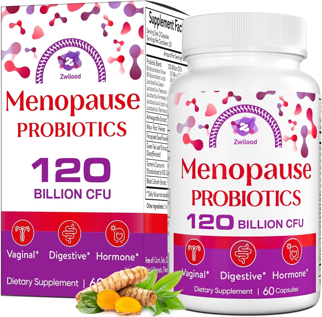 Suplementos de menopausa para mulleres, 120 Billion CFU menopausa probióticos para mulleres, Probiótico todo natural para hot flashes menopause, suor de noite, ás de humor, Gut e hormonas - 60 cápsulas de herbas