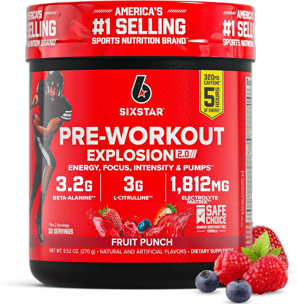 Seis estrelas pre-adestramento de po para homes e mulleres, Fruit Punch (30 porcións) - Preworkout Explosión 2.0 Energy Powder Drink Mix con Beta-Alanina & cafeína - Suplemento de nutrición deportiva