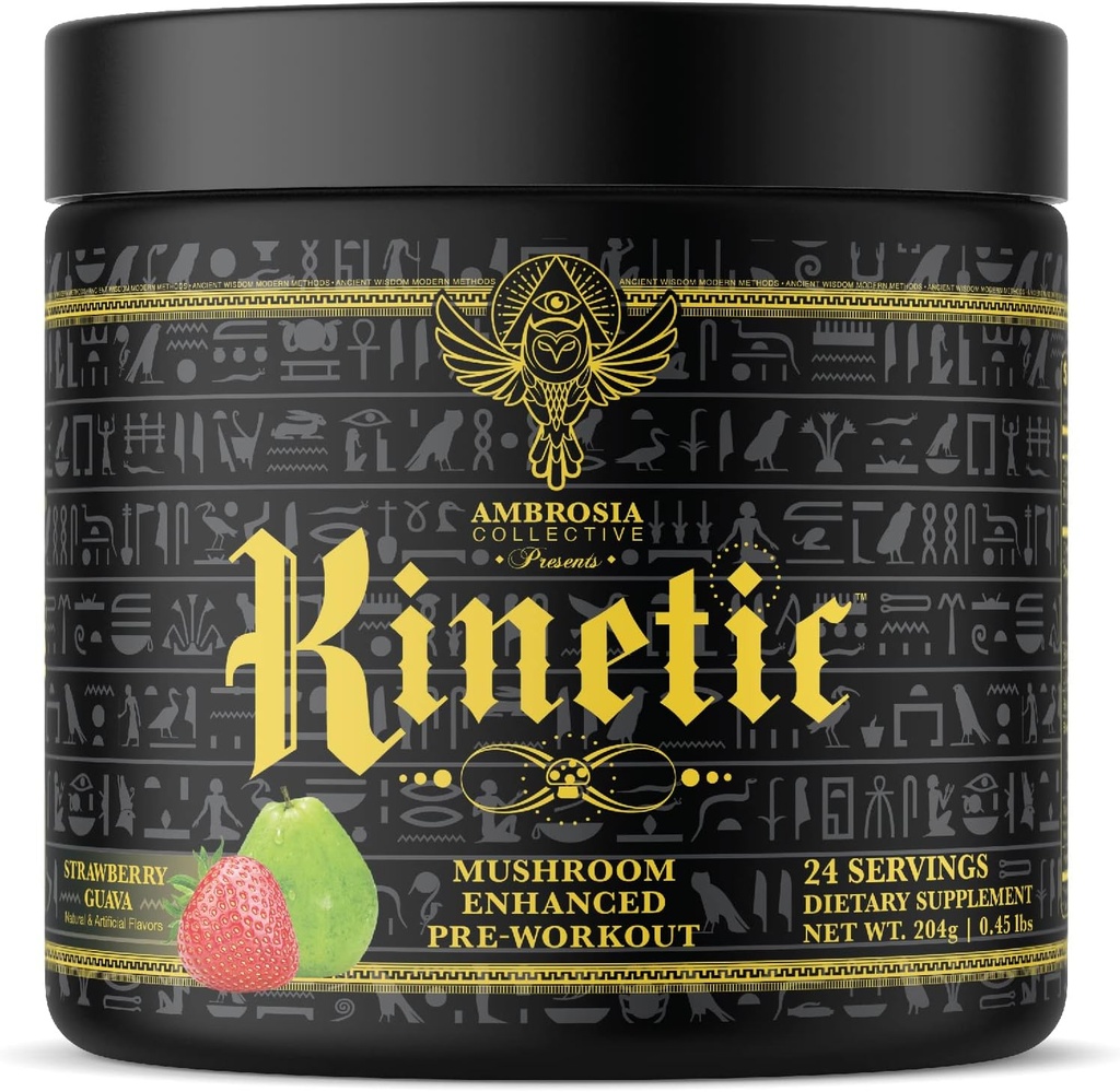 Ambrosia Kinetic Organic Preworkout, Mushroom Enhanced Natural Pre Workout Supplement, Nootropic Superfood σκόνη για την ενέργεια (Strawberry Guava)