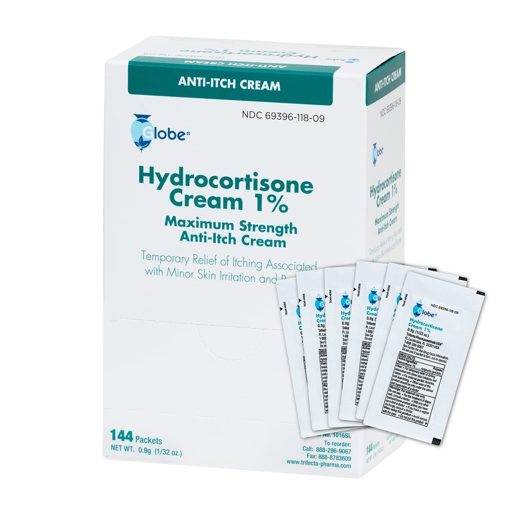 Globe (Box 144 Hydrocortisone 1% Maximum Strength Cream, (0.9g Single Packet) Anti-Itch Cream for Redness, Swelling, Itching, Rash, Bug/Mosquito Bites, Eczema, Hemorrhoids & More