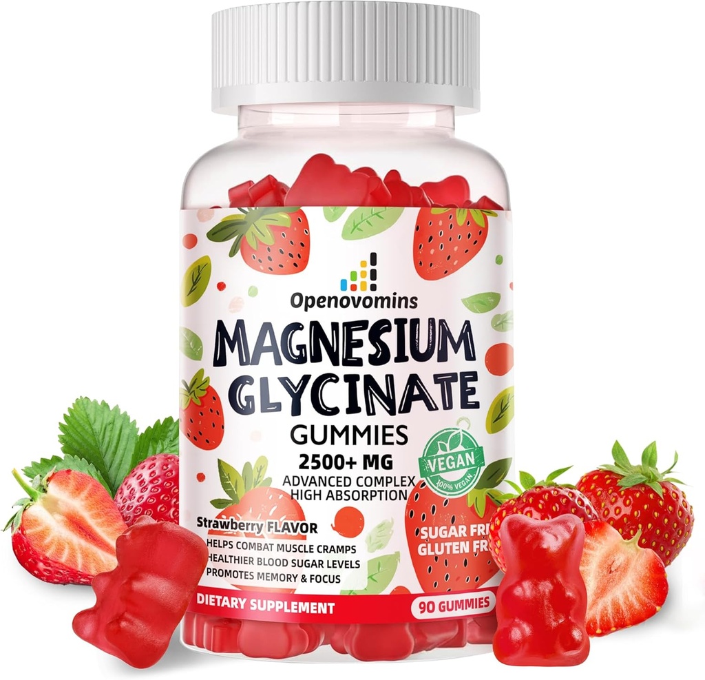 Magnezijev Glycinate Gumies 2500mg - Brez sladkorja Magnezijev Kalij dodatek z vitaminom D, B6, CoQ10 za mirno Mood in podporo za spanje - 90 Jagode