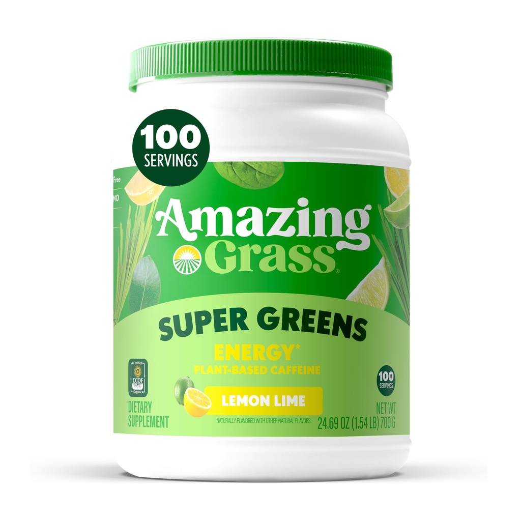 Amazing Grass Super Greens Powder Energy, Organic Greens Blend Smoothie Supplement, Plant Based Caffeine, Yerba Mate, Green Tea Leaf, Lemon Lime, 100 Servings, 24.7 Ounce (Packaging May Vary)