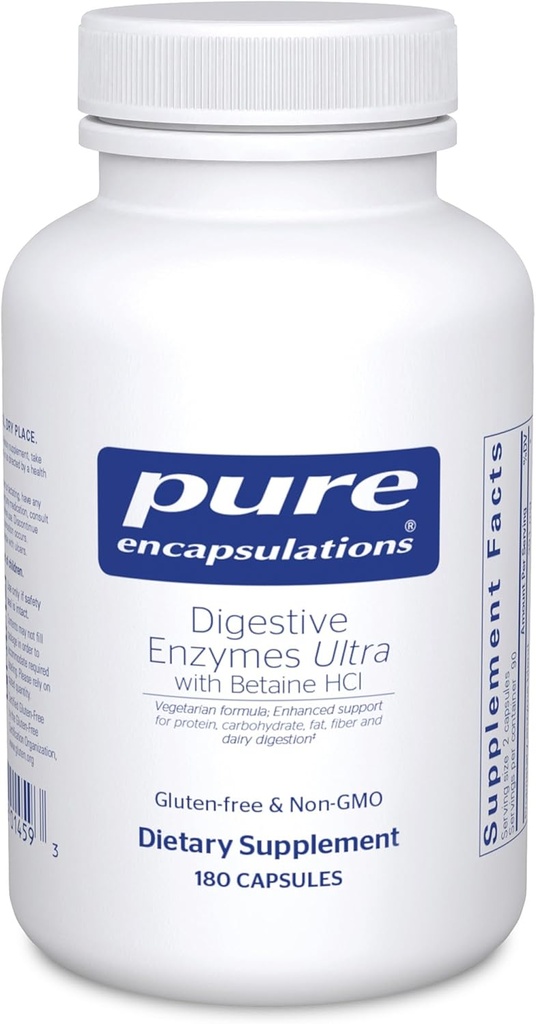 Encapsulacións puras Digestive Enzymes Ultra con betaína HCl - Vegetarian Digestive Enzyme Supplement to Support Protein, Carb, Fiber, and Dairy Digestion * - 180 cápsulas