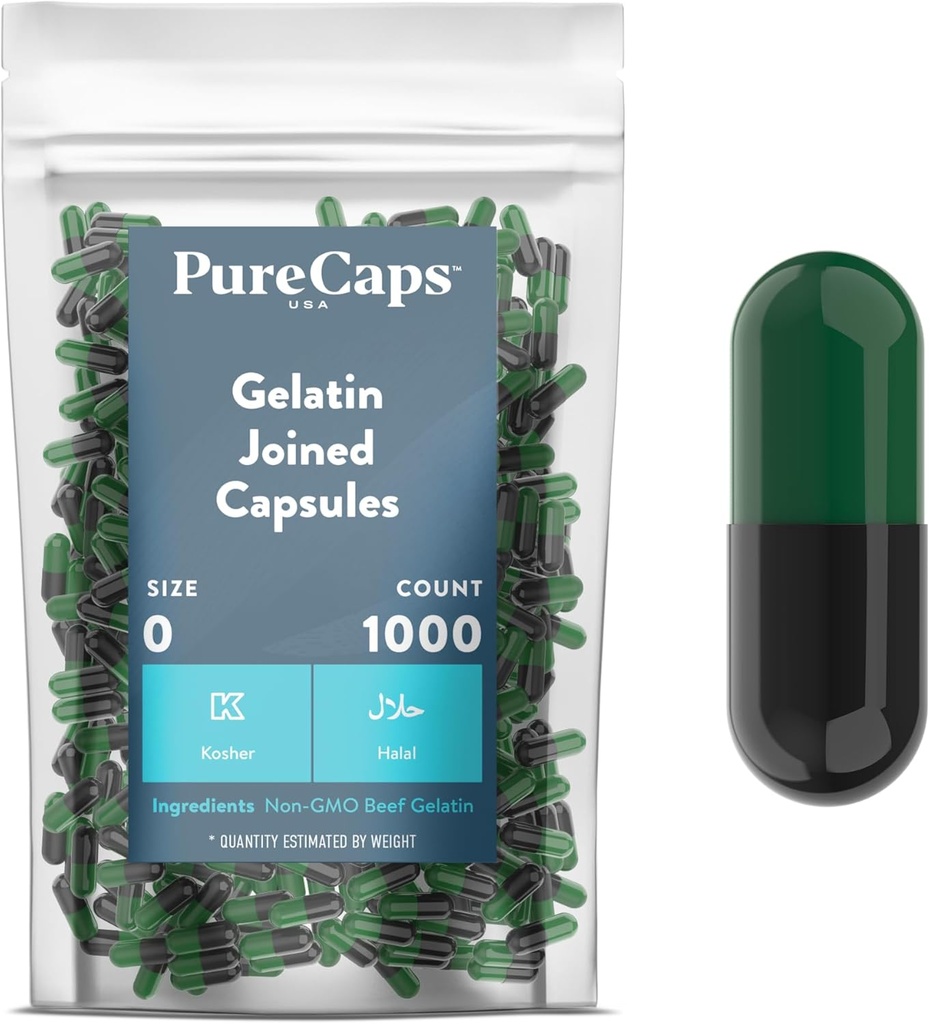 PureCaps USA - Empty Gelatin Capsules Size 0, 1,000 Joined Pills, Green/Black- Non-GMO Certified , SLS, Gluten, Preservative Free
