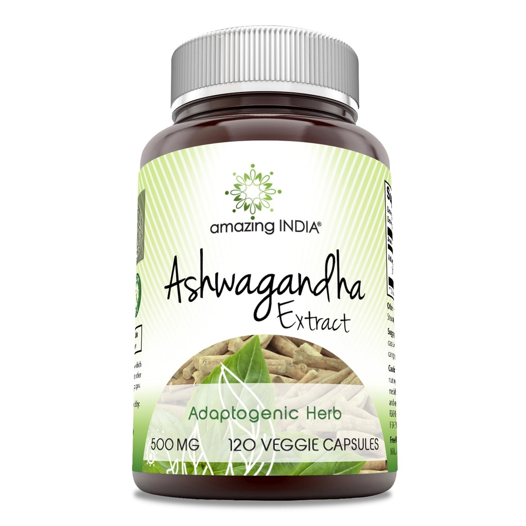 Amazing India Ashwagandha Extract 500 Mg | Veggie Capsules Supplement | Non-GMO | Gluten-Free | Made in USA (1 Pack | 120 Count)