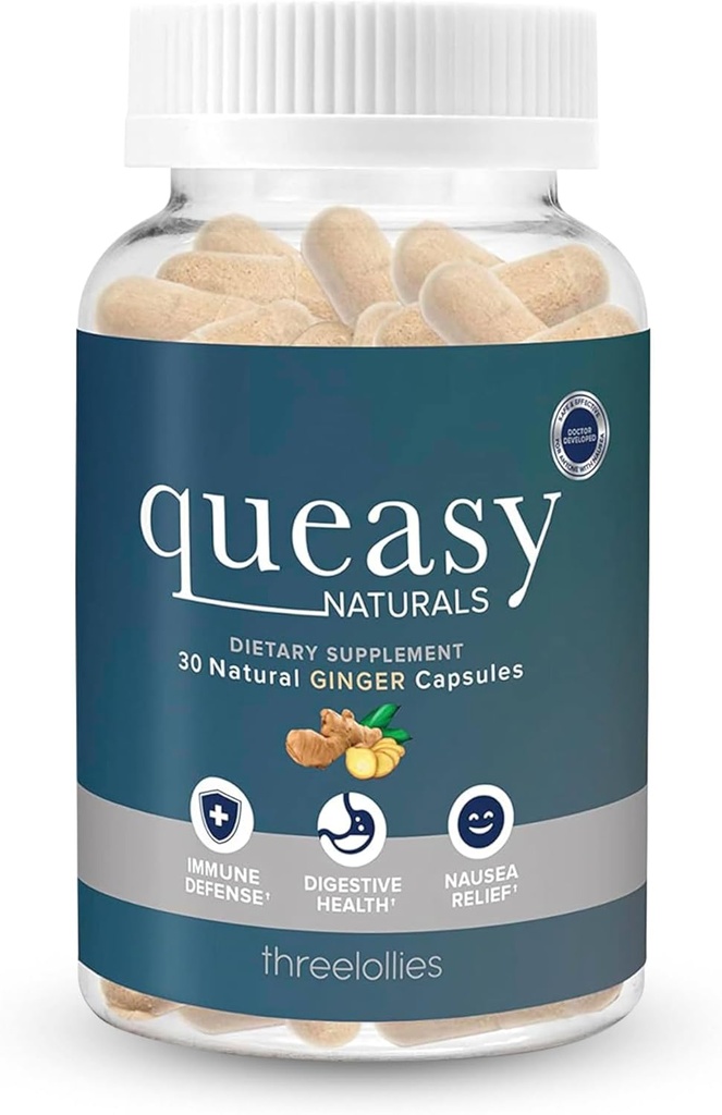 Trzy Lollies Queasy Naturals Ginger Capsules - Non- Drowsy Nudesea Relief Supplement - Motion Choroby Zapobieganie i Nudesea Relief Podczas Chemioterapii - 1000mg Ginger Root - 30 Czapki