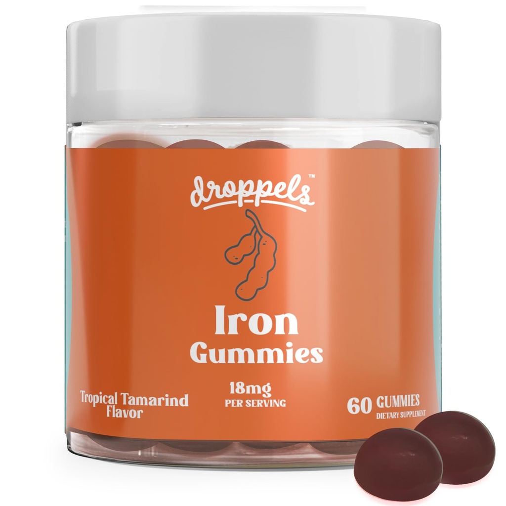 Droppels Iron Gummies 18mg for Women and Men – Vegan Plant-Based Iron Supplement | Supports Energy & Blood Health | Pectin-Based, Non-GMO, Gluten & Gelatin Free | Tamarind Flavor, 60 Count