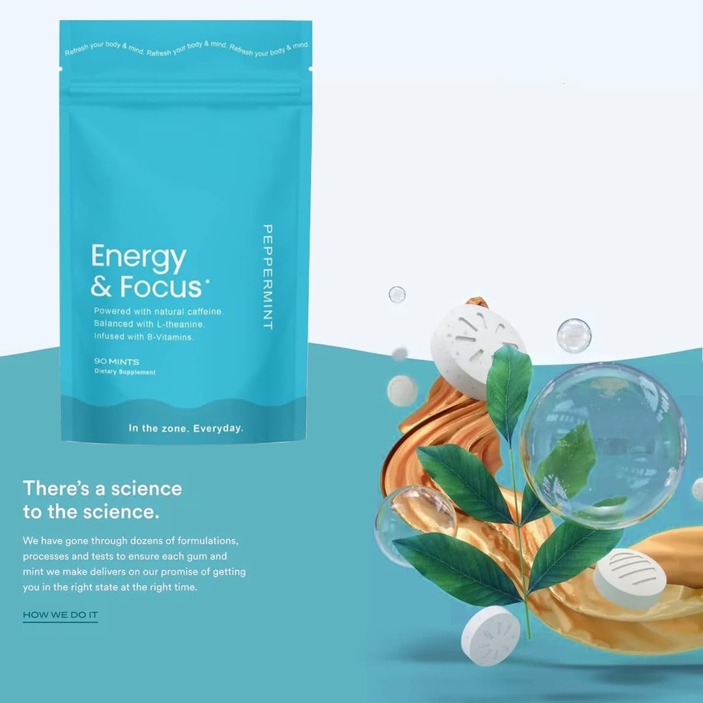 Energetic Cafeine Mints (90), Sugar-Free, Vegan, Gluten-Free, Peppermint. Boosts Focus, rezistenta cu L-Theanine, Cafeina, B12 & B6. Acționare rapidă, Pocket-Sized pentru energie rapidă.