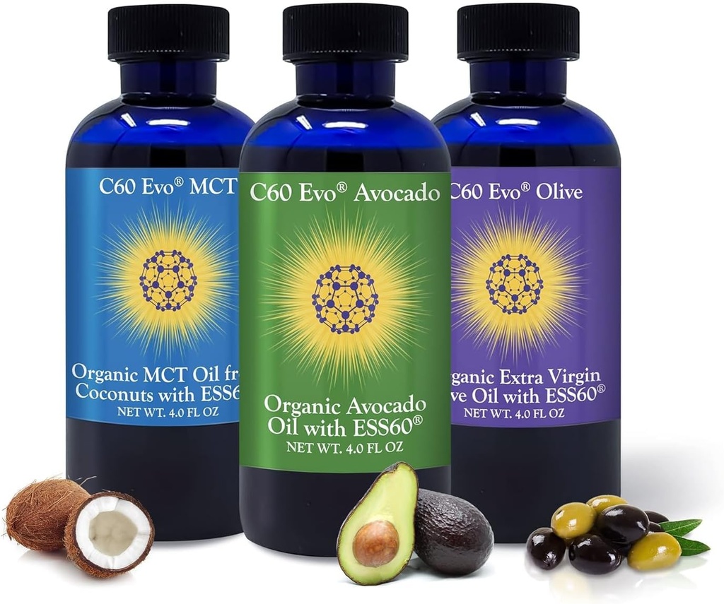 Aceites comestibles All-Natural, 4oz Sampler Set con Pure C60 ESS60, soporte inmune e soporte conxunto con aceite de oliva, aceite de aguacate e aceite de coco MCT, conxunto de 3, 4 oz