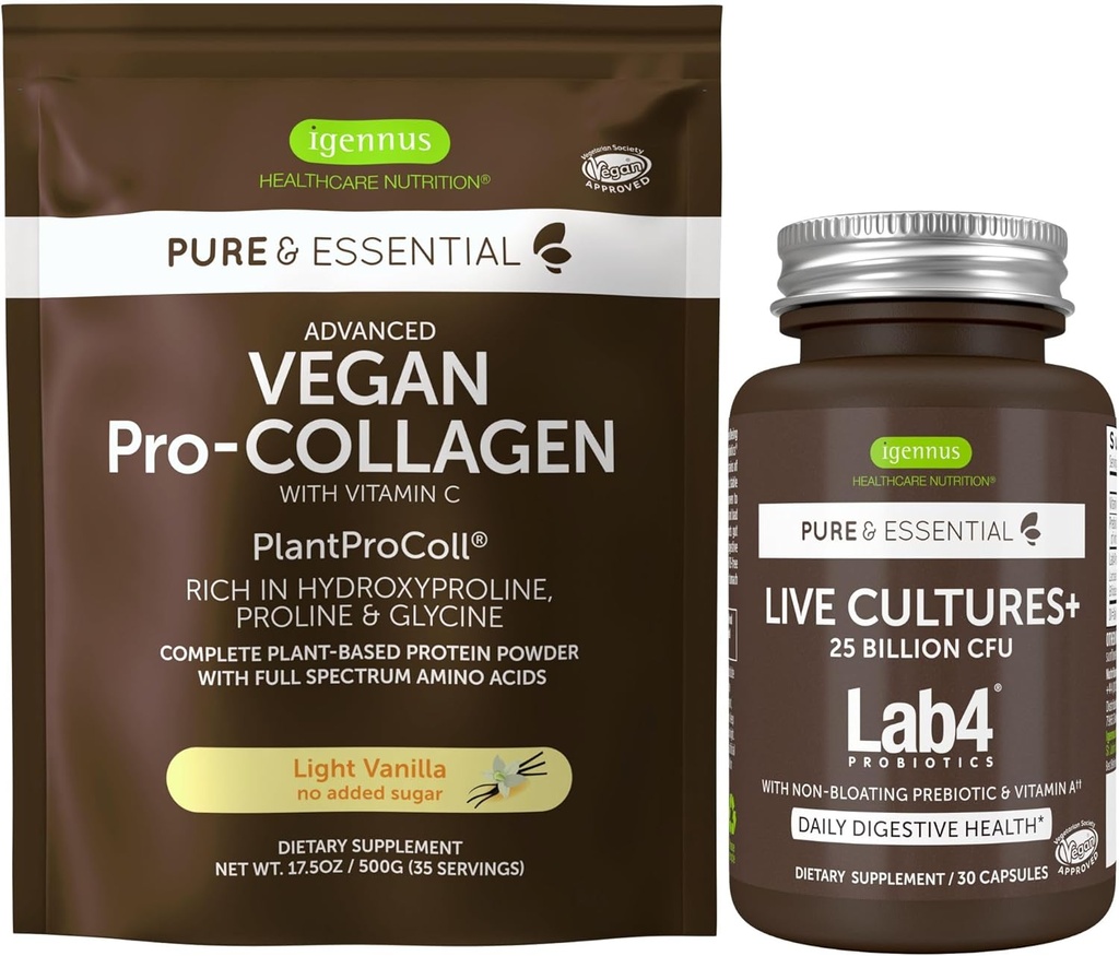 Live Cultures+ Lab4 Probiotics + Vegan Vanilla Collagen Protein Powder Vegan Bundle, Complete Collagen Boosting Formula + 25 Billion CFU Probiotic with Non-Bloating Prebiotic, by Igennus