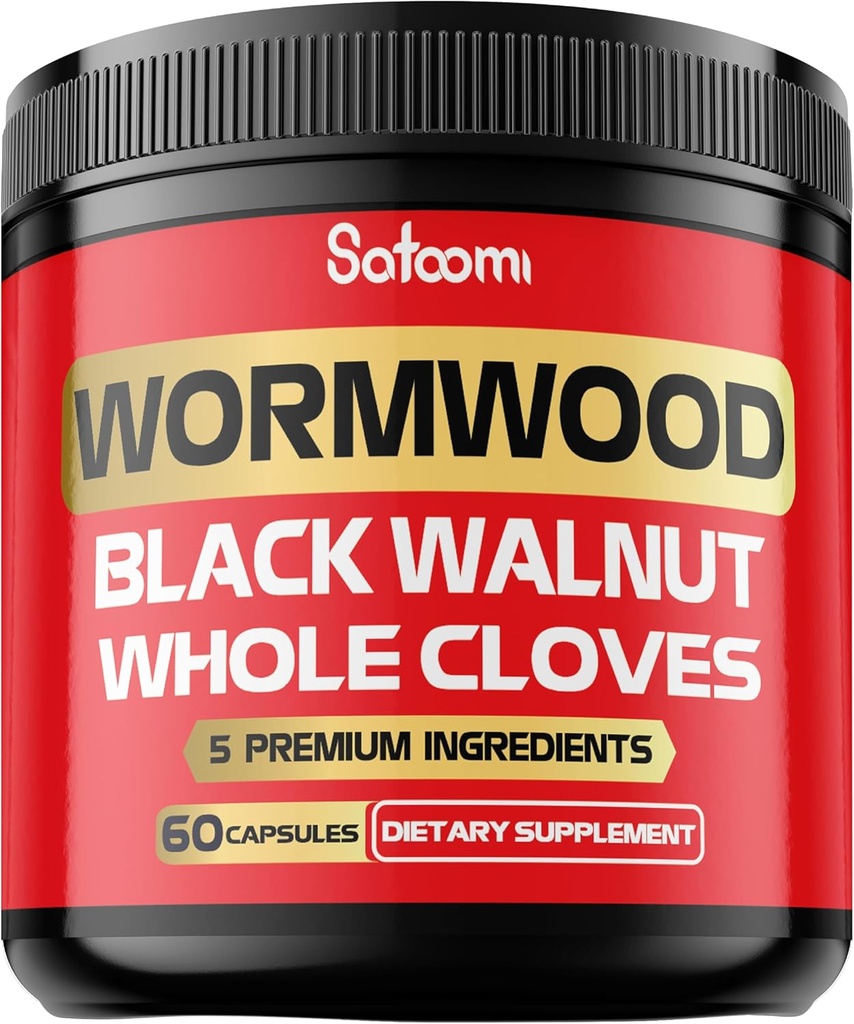 Satoomi 5 i 1 Wormwood Capsules Supplement - Ekstrahert fra Black Walnut, hele klover, Turmeric og Berberine HCl - Immunsystem & Digestion Helse - 60 Kapsler