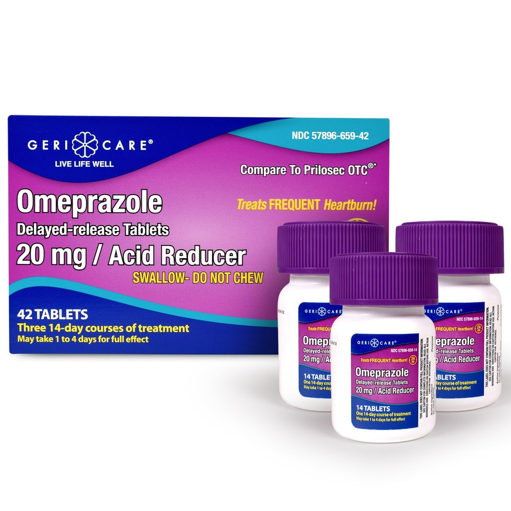 GeriCare Omeprazole Delayed Release Tablets 20mg Stomach Acid Reducer Pills for 24 Hour Heartburn Relief- Acid Reflux Medicine to Treat Frequent Heartburn- Anti-Acid Relief Tablets (42 Count)