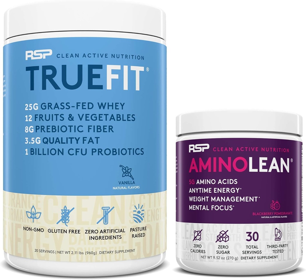 RSP NUTRITION AminoLean Pre Workout Energy (BlackBerry Pomegranate 30 Servering) med TrueFit Protein Powder (Vanilla 2 LB)