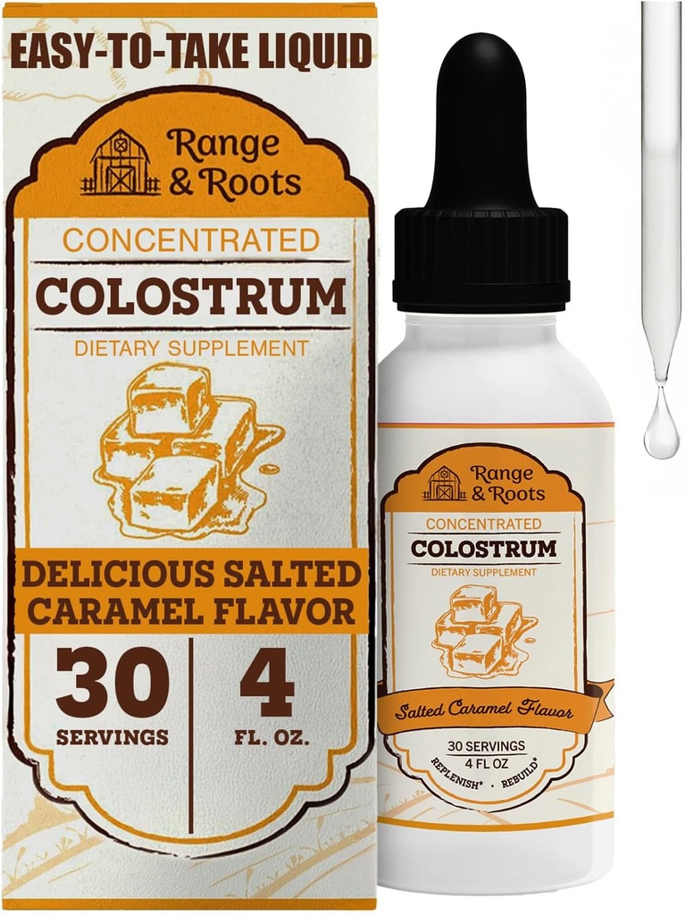 Εύρος & Ρίζες Colostrum Supplement - Liquid Bovine Colostrum - Εναλλακτική λύση για το Colostrum Powder - Υποστήριξη για την υγεία, την ανοσία, την ενέργεια - Υγιεινή μαλλιά, δέρμα & νύχια - Αλάτι Caramel Flavor (30 μερίδες)