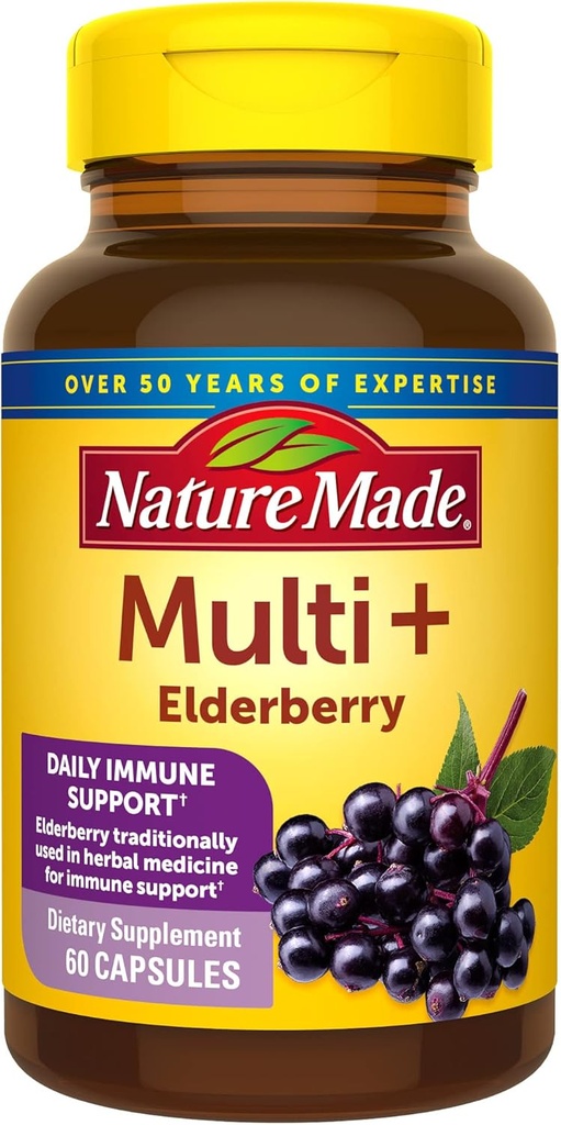 Nature Made Multi + Kapsułki z jeżyną, Multivitamin dla kobiet i mężczyzn Daily Immune Support, Kobiety, One Day Women Vitamins, 60 Count, Brown, Pack of 1, (HL000220)