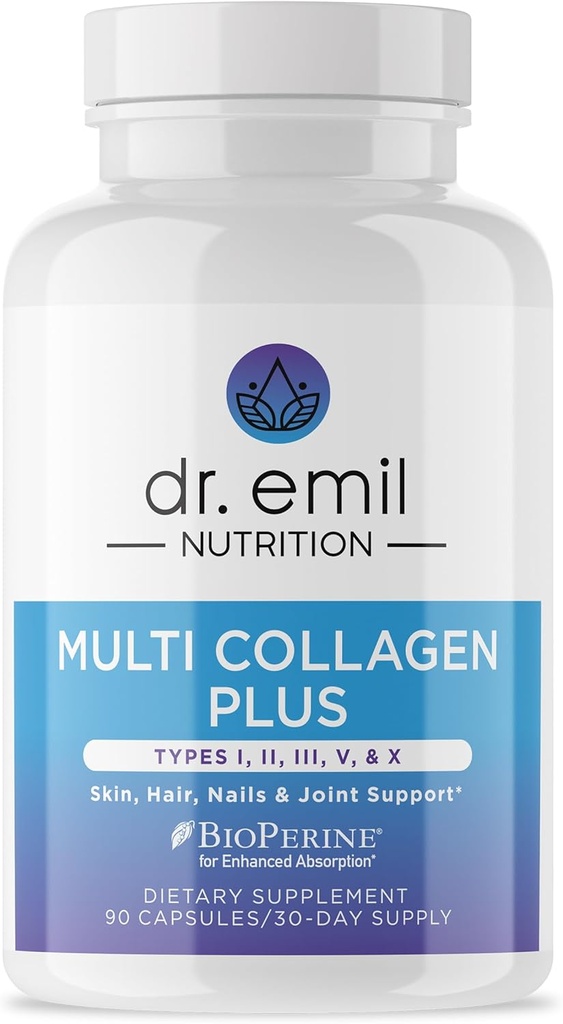DR. EMIL NUTRITION pílulas multicolaxe feminino | Suplementos de coláxeno | cabelo de apoio, pel, unhas e articulacións | Suplementos de coláxeno hidrolizado | Tipos I, II, III, V & X | 90 cápsulas