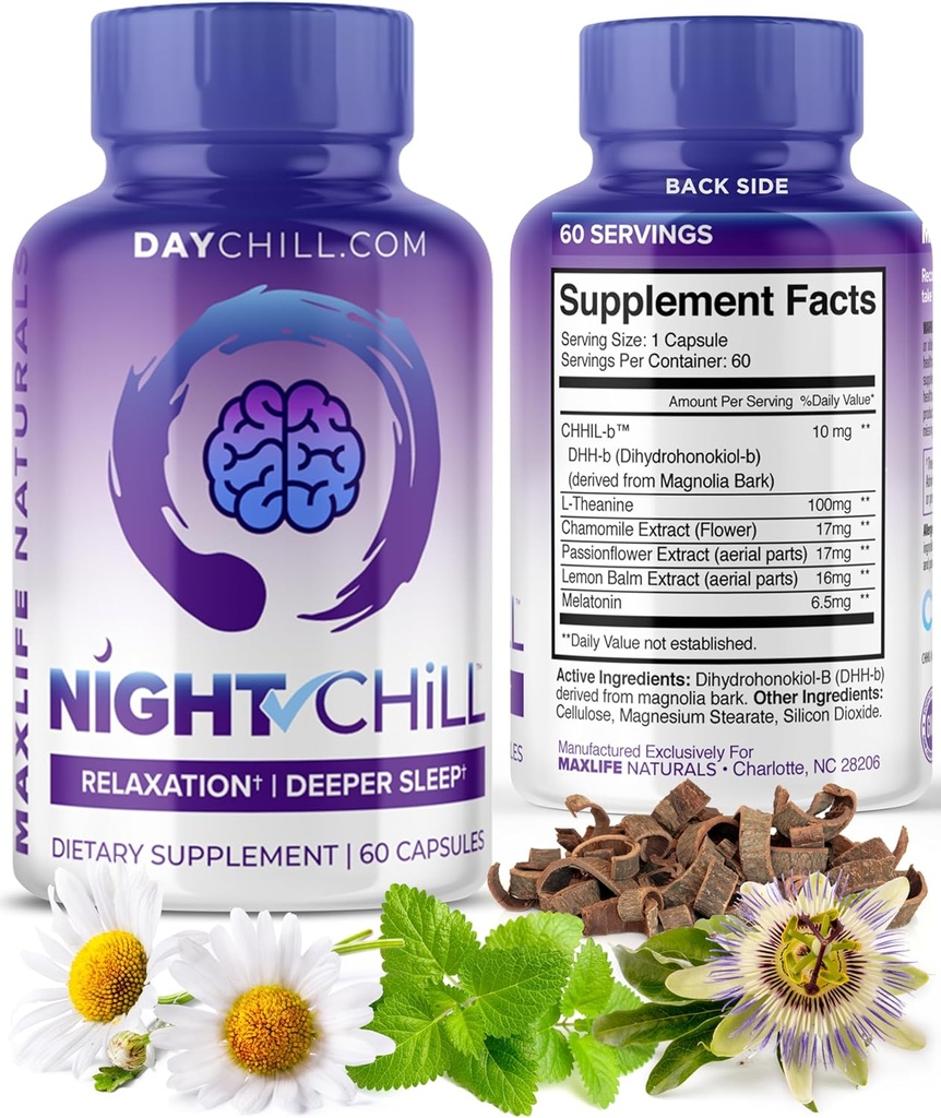 Night Chill Sleep Supplement – 60 Capsules - Restful Sleep Support with DHH-B from Magnolia Bark and L-Theanine Supplement - Stress Calm Mood Support - Sleeping Pills for Adults by MaxLife Naturals