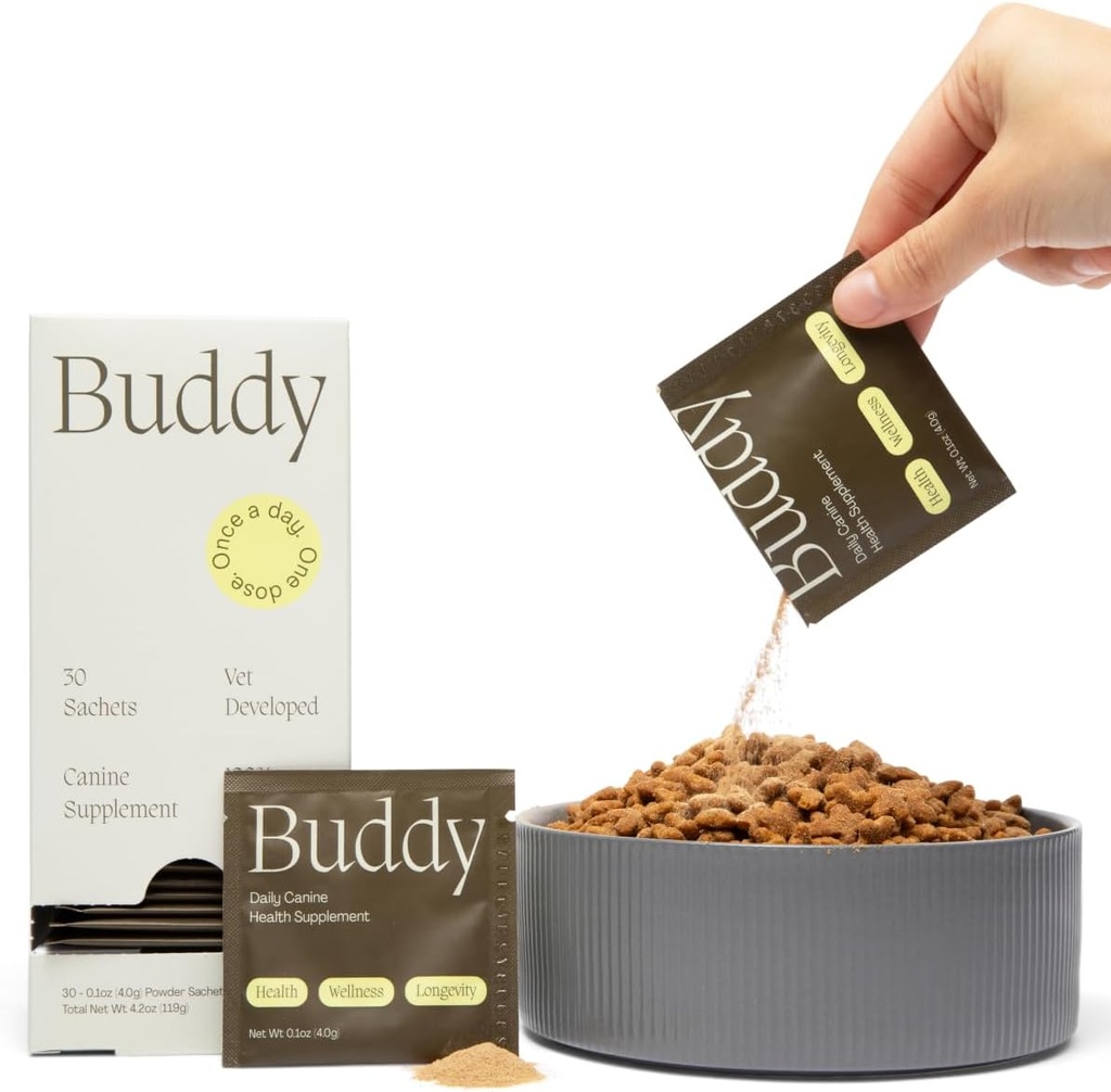 Buddy 10- in1 Daily Dog Multivitamin Supplement (Meal Topper) - 23 Active Ingredients w / No Filler - 10 Essential Benefits - Hip & Joint, Skin & Coat, Digestion