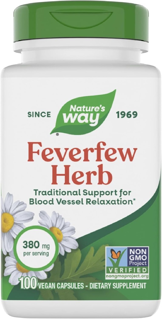 Nature's Way Feverfew Herb, Traditional Support for Blood Relaxation*, 380 mg per Serving, Non-GMO Project Overené, 100 Vegan Feverfew kapsule (Backaging May Vary)