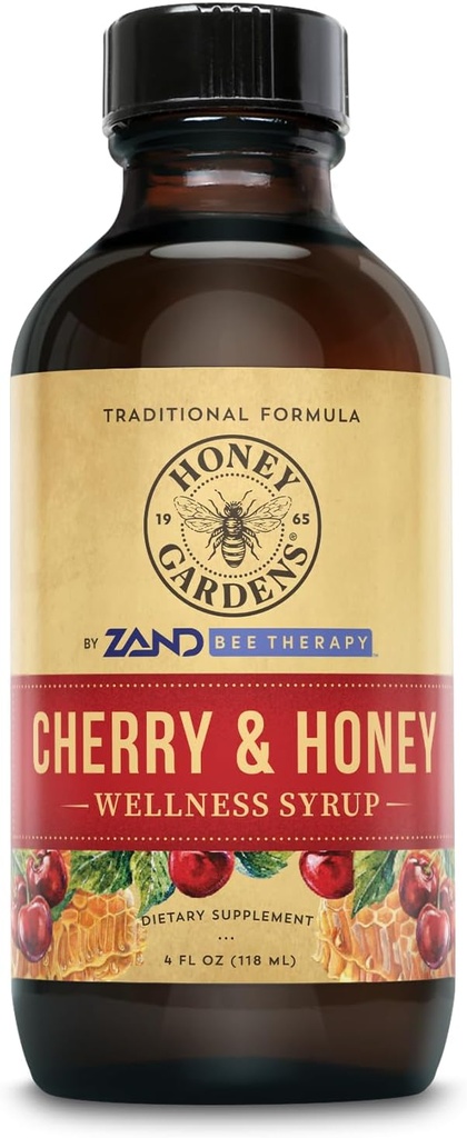 Medeni vrtovi Cherry & Honey Pomirjujoče grlo Syrup, Apiterapija Formula z organskim surovim medom, organski jabolčni kis, črna češnja, in zeliščni ekstrakti, 24 Serving, 4 FL. OZ.