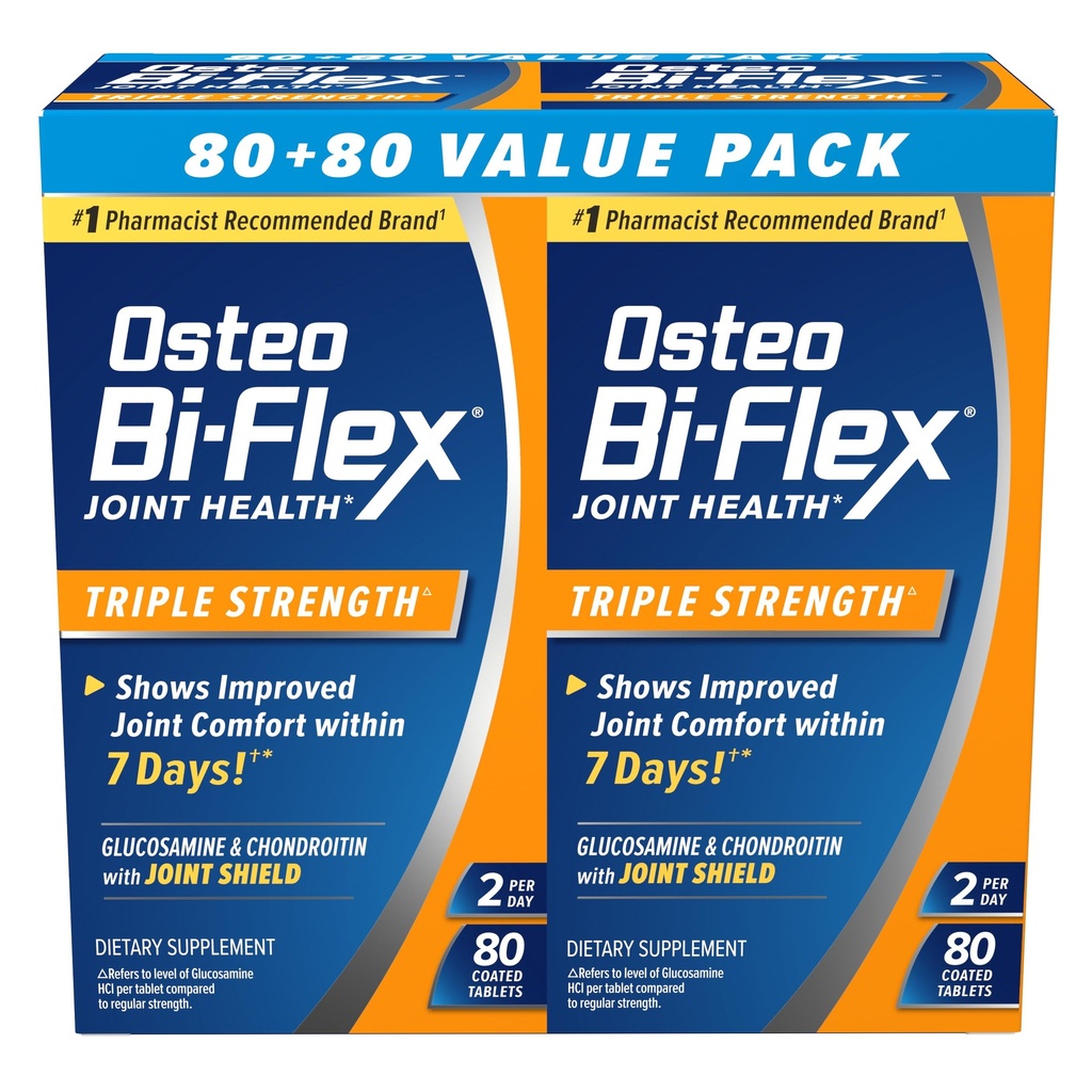 Osteo Bi-Flex Triple Strength Glucosamine Chondroitin Supplement, Improve Joint Function, Strength, Flexibility, Mobility 80 Coated Tablets, 2 Pack