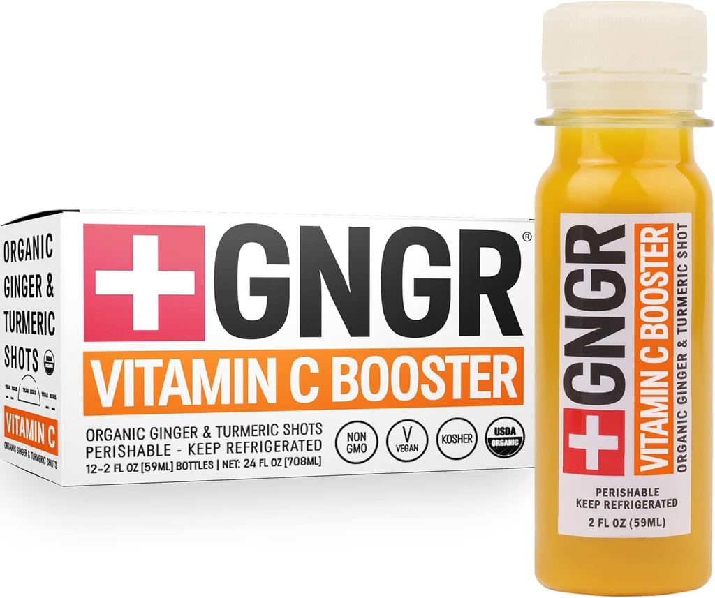 +GNGR Vitamine C Immunity Booster Cold-Pressed Ginger Shot with Turmeric, Cayenne, Acerola, Immunity Shot with Peruvian Ginger Juice for All Natural Immune & Digestive Support 2 fl oz (Pack de 12)