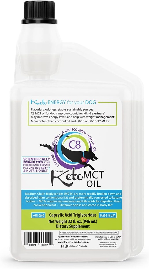 LifeSense C8 MCT Oil for Dogs, Keto- Friendly, Sourced from Coconut Oil, Human Grade, 32 oz, Made in USA by PhD Nutrition, Dog Optimal Fuel for The Brain and Body