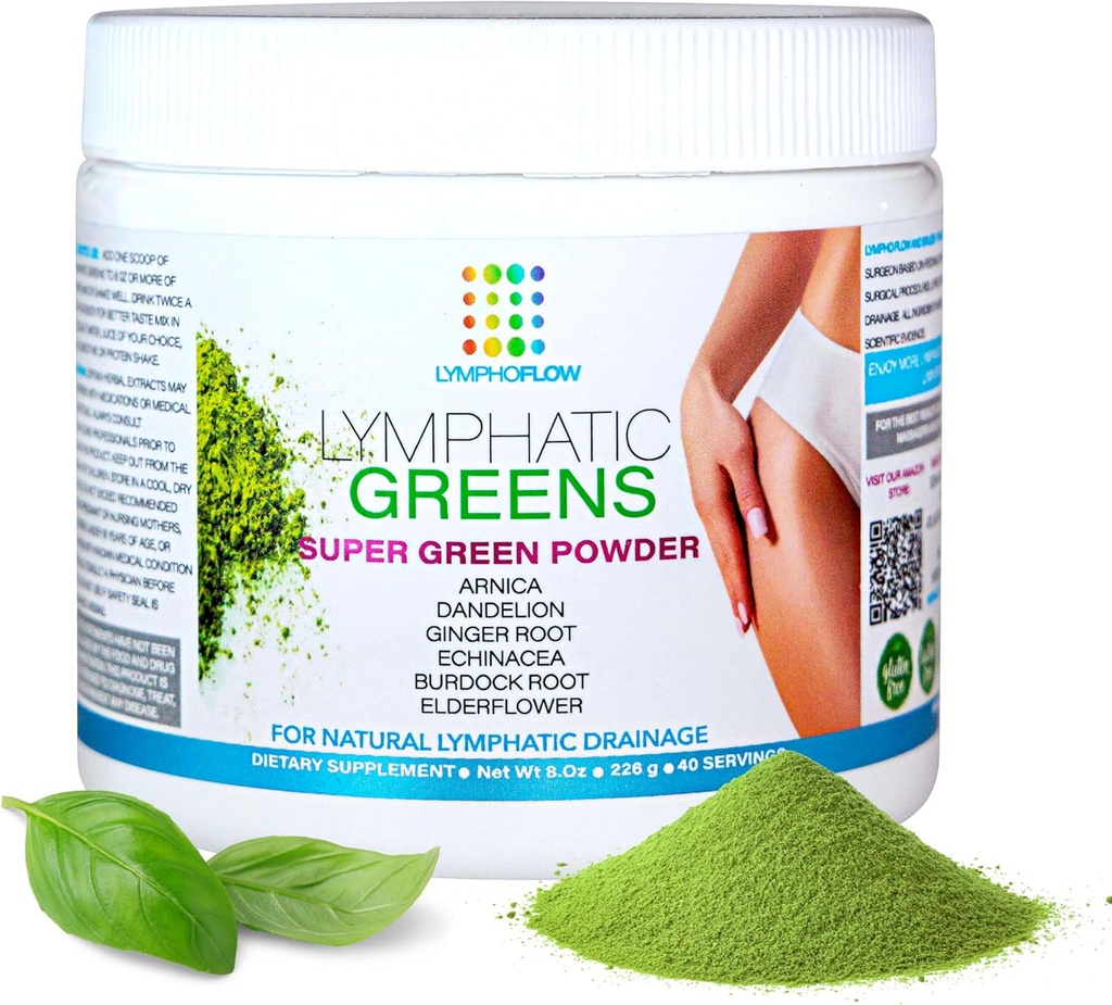 Bruizex Lymphatic Greens: Superfood-Pulver-Ergänzung für lymphatic Drainage & Lymphe-Unterstützung I Post Liposuction, BBL, Lipedema, Massage I Arbeitet mit Faja, Lipo Foam, Massager, Öl I Vegan I 8 Oz