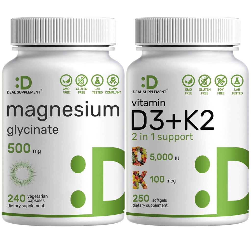 Magnesium Glycinate 500mg Veggie Capsules & Vitamin D3 5,000iu + K2 100mcg Softgels Bundle – Easily Absorbed Chelated Mineral – D & K Essential Sunshine Vitamins