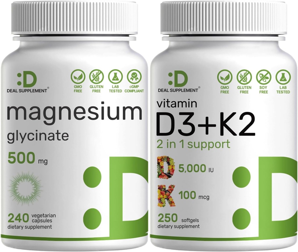 Magnesium Glycinate 500mg Veggie Capsules & Vitamin D3 500000iu + K2 100mcg Softgels Bundle - Easisily Absorbed Tolated Mineral - D & K Esciful Sunshine Vitamins
