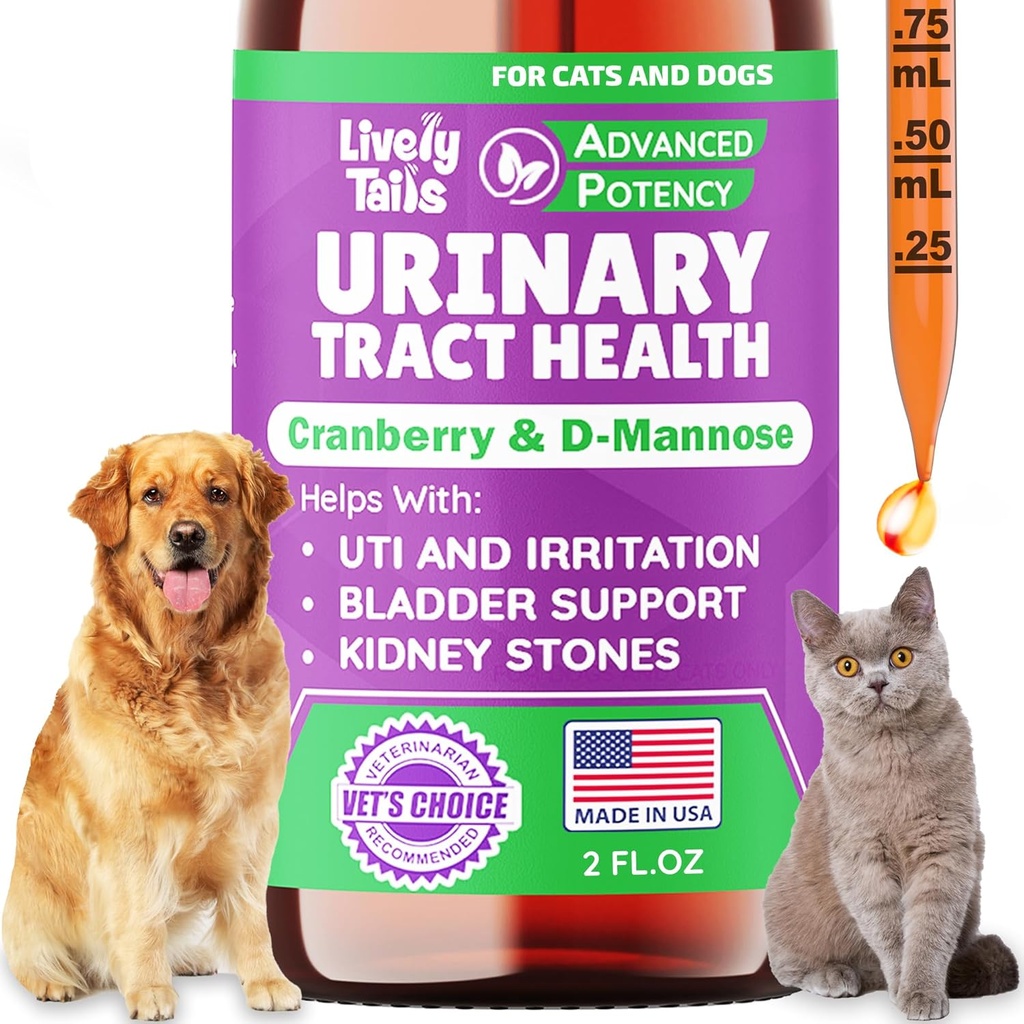 טיפול טבעי לכלבים וחתול UTI עם Cranberry & D-Mannose, Bladder, Kidney, Incontinence Support, orrinary Tract for Dogs, Best Cat Urinary Tractvirus Treatment, Easy-to-Use Drops, 2 oz