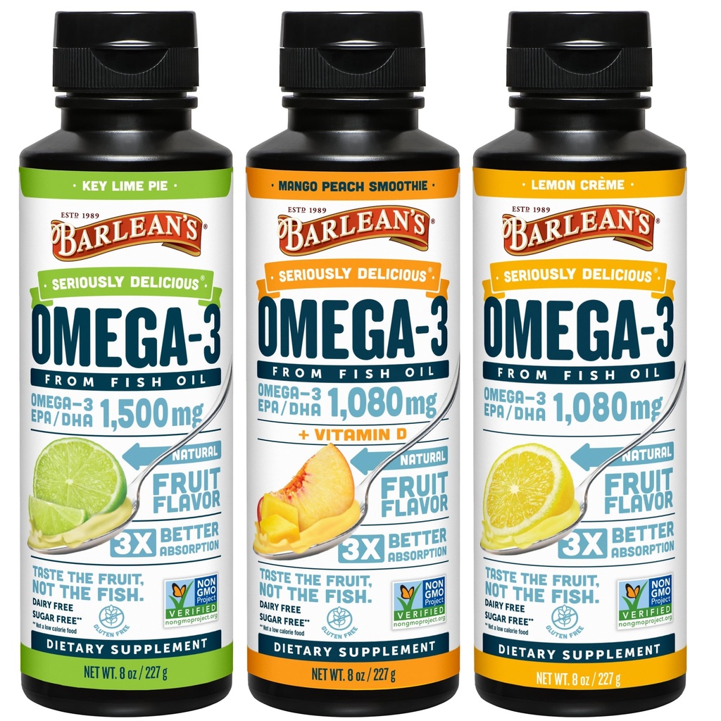 Barlean's Omega 3 Fish Oil Liquid Supplement for Men and Women, 1500mg of EPA and DHA Fatty Acid, Promotes Brain & Heart Health - Non-GMO, Variety Pack, 8 oz