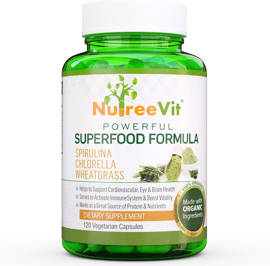 NutreeVit Pure 100% Bio Spirulina + Chlorella + Wheatgrass - Energie Booster, Immununterstützung, Leistungsstarke Superfood Antioxidationsmittel - Veggie Kapseln | 500mg